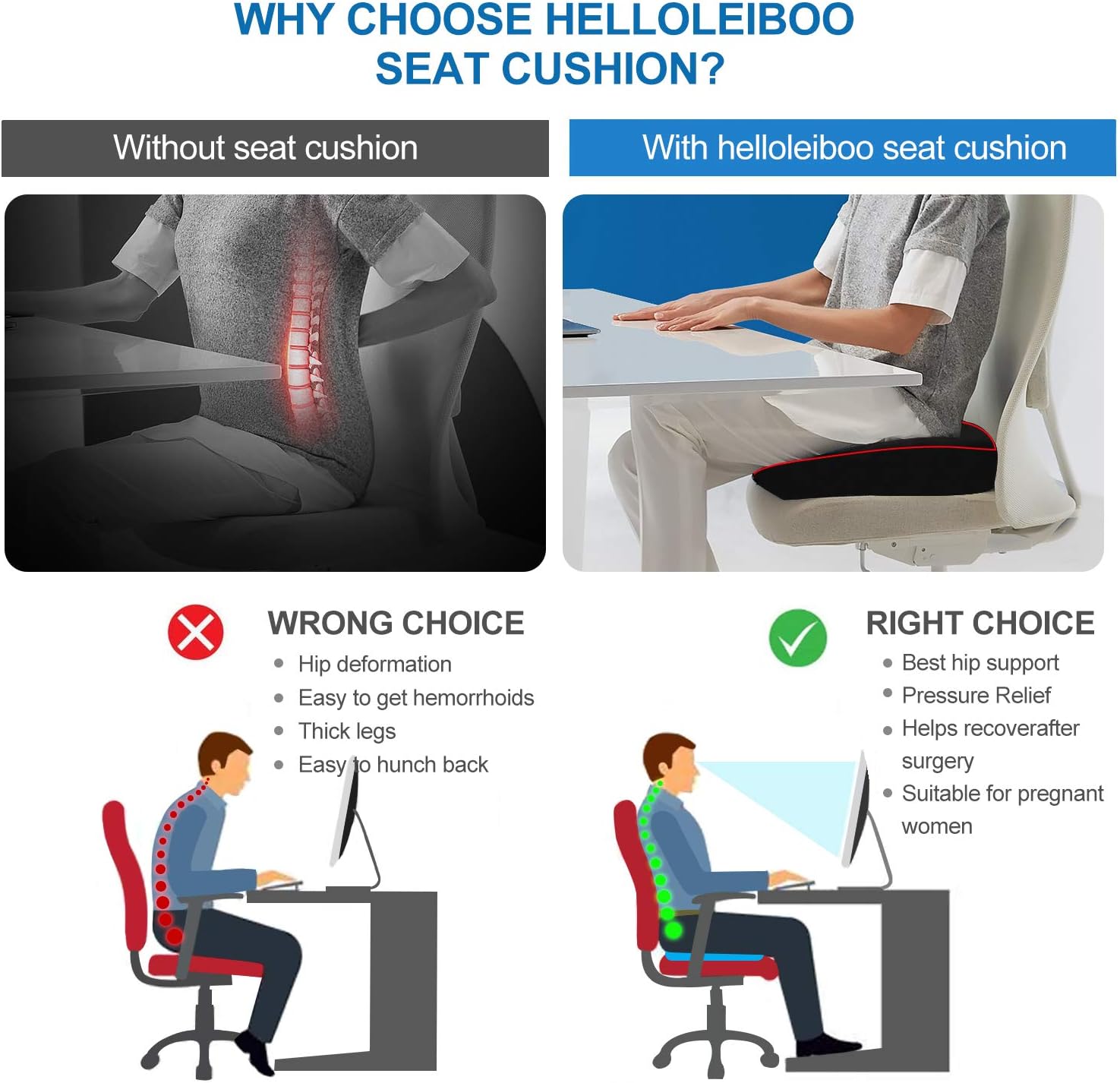 helloleiboo Comfort Car Seat Cushion, Non-Slip Sciatica Pain Relief Pillow for Office Chair, Lumbar Support Memory Foam Cushion