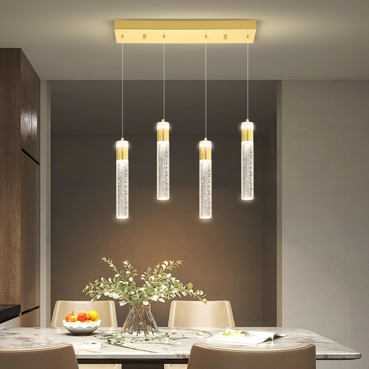 dimmable 4-light pendant lights kitchen island modern led crystal ceiling light for dinning room living room 32w gold 4-light gold