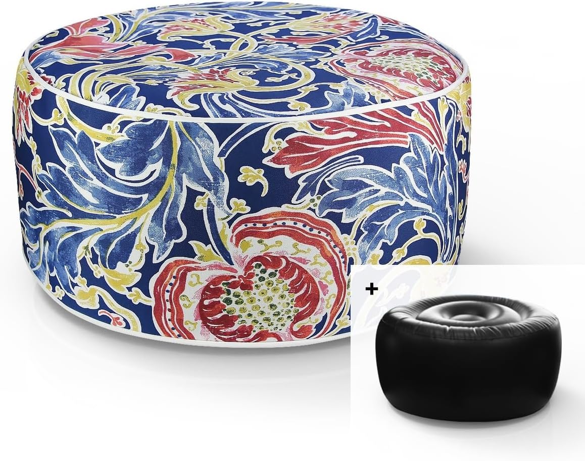 Inflatable Footstool Ottoman Navy Paisley Round 21x9 Inch Patio Foot Stools and Ottomans Portable Footrest