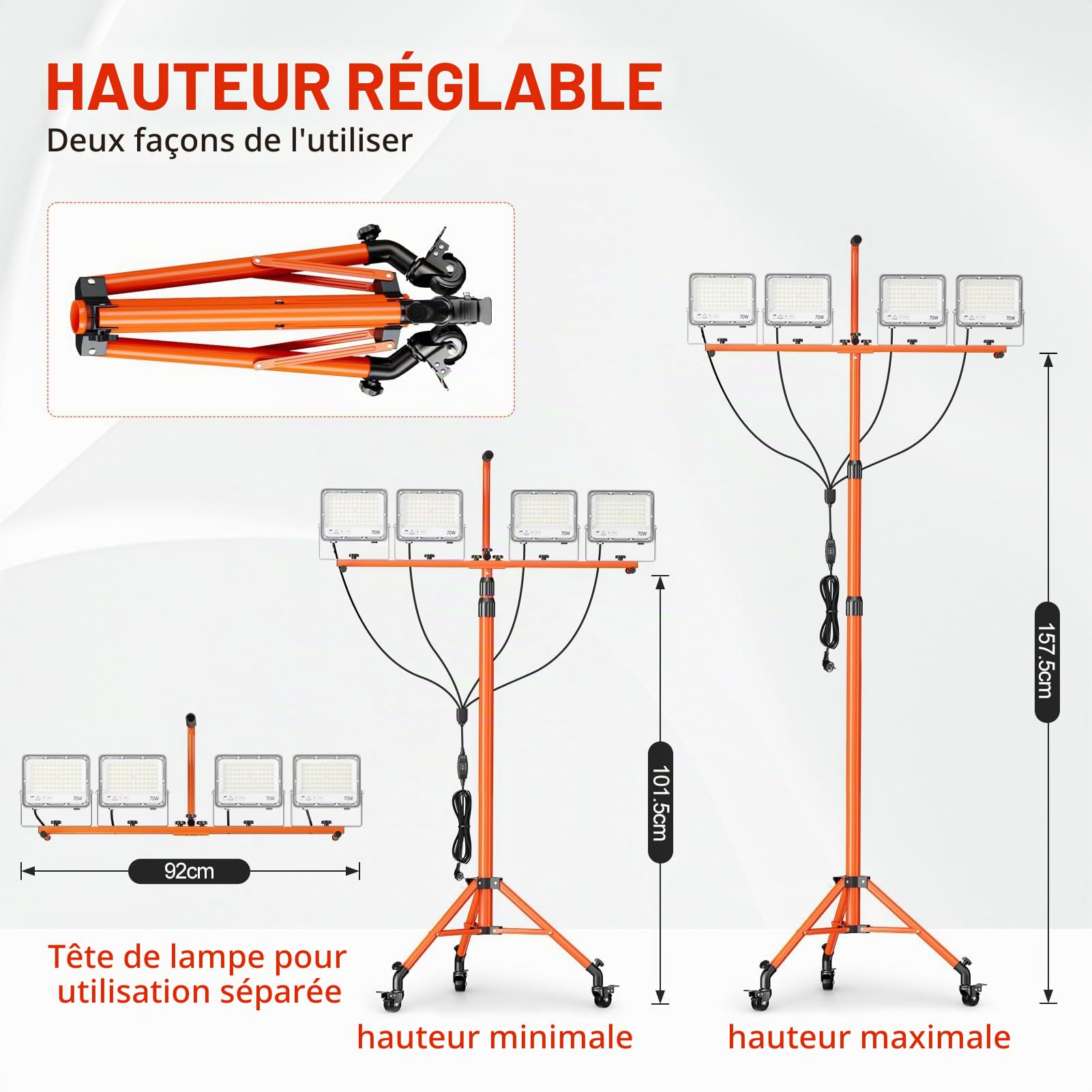 EMART Projecteur Chantier LED sur Trépied 280W 28000LM Lampes avec Roulette | Réglable, Lampes de Travail avec Câble de 5M, Étanche IP66 Lampe Chantier Projecteur sur Pied pour Ateliers et Chantiers