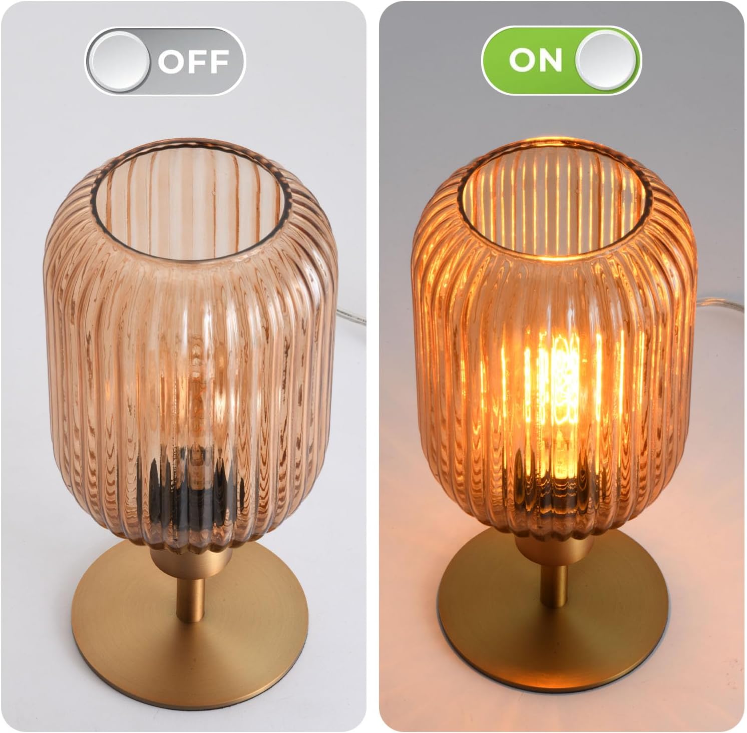 Mid Century Glass Table Lamp,Dimmable Desk Lamp,LED Bulb Included,Timer Build-in,Cognac Amber Ribbed Glass