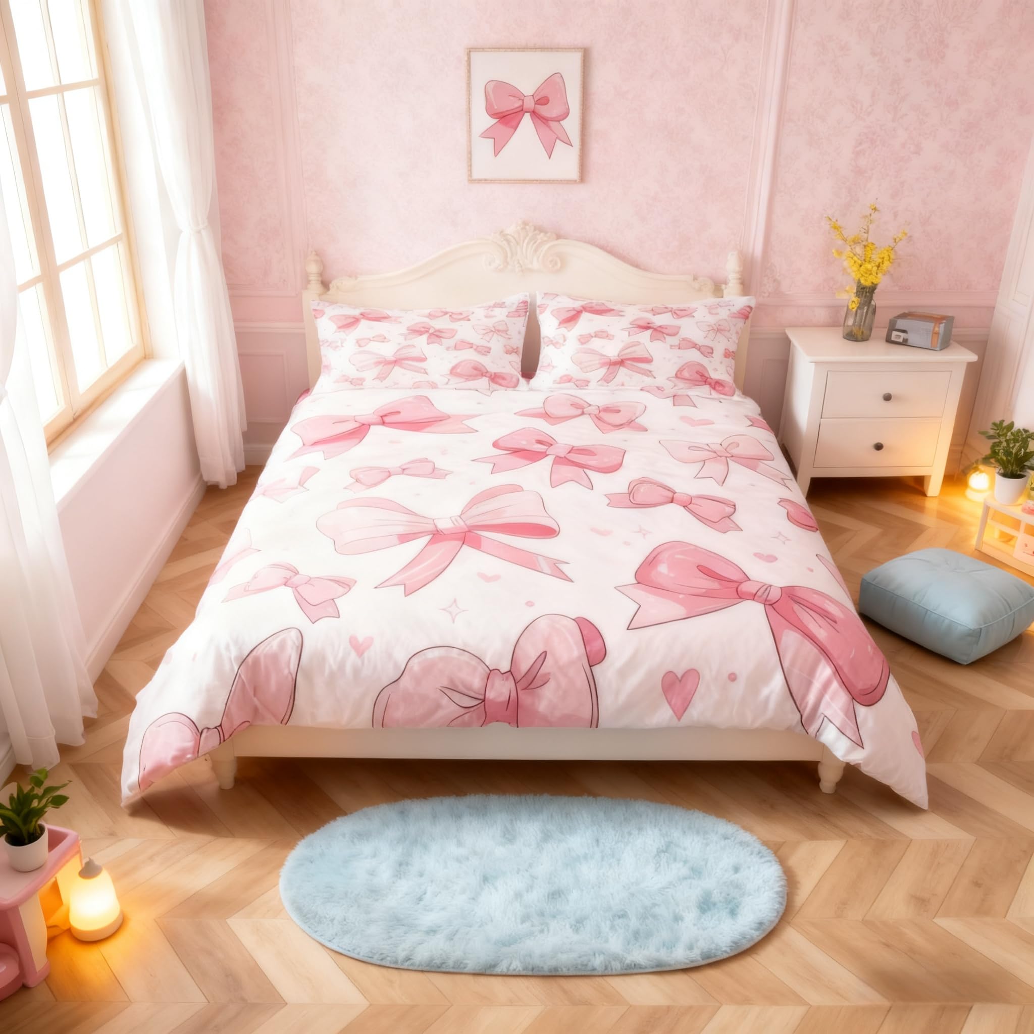 feelingyou Pink Bowknots Duvet Cover,Cartoon Princess Bow Dreamy Bow-tie Quilt Cover(No Filler),Fairy Tale Girly Bow Starry Bedding Set with 1 Pillowcase,Pink White Kids Room Decor,Single Size