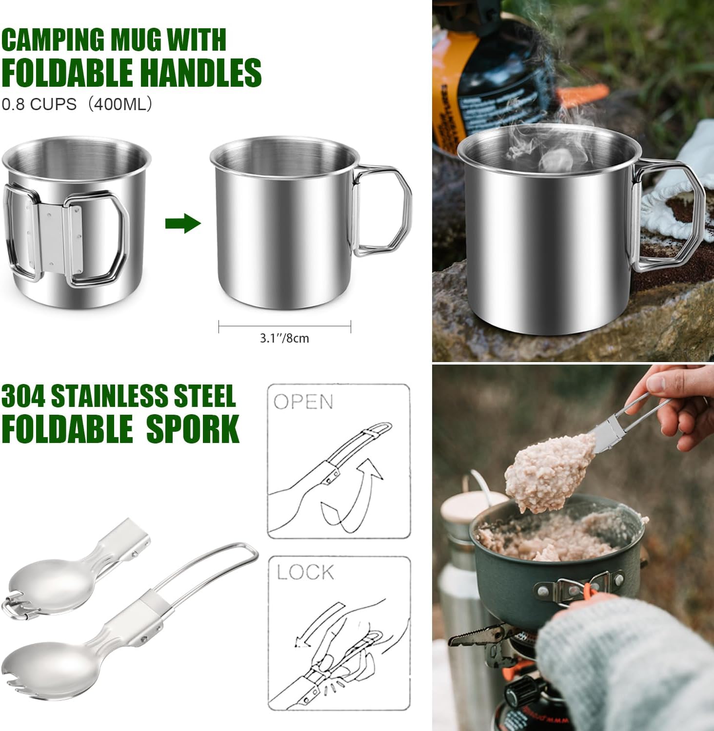 Odoland 8pcs Camping Cookware Mess Kit, Camping Pot and Pan Set with Mini Backpacking Stove, Stainless Steel Cup, Spork and Tank Bracket, Cooking Gear for Outdoor, Hiking, Picnic, Campfire