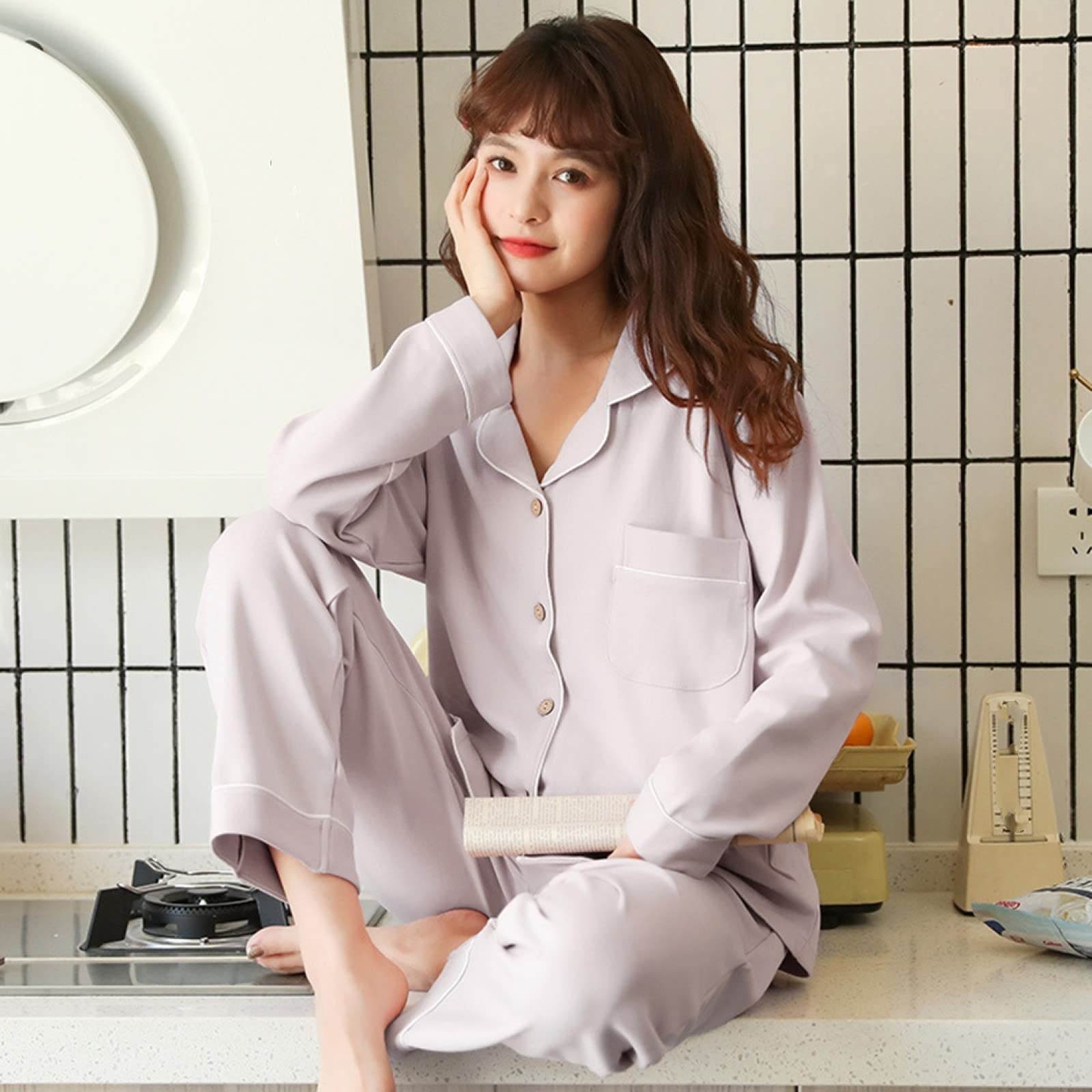 Pijamas de Franela para Invierno y otoño para Mujer y Hombre, Conjuntos de Pijama de 2 Piezas para Mujer, de algodón de Moda, de Manga Larga con Solapa, Sencillos, morados claros,