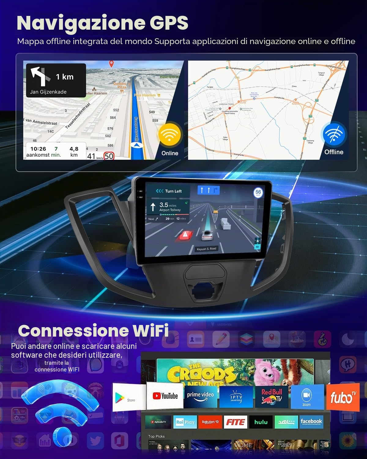 NHOPEEW 4+128G Autoradio per Ford Transit 2015-2018 con Wireless Carplay e Android Auto - Schermo incell da 9 pollici Supporto WiFi GPS Comandi al volante + Telecamera di retromarcia, Canbus