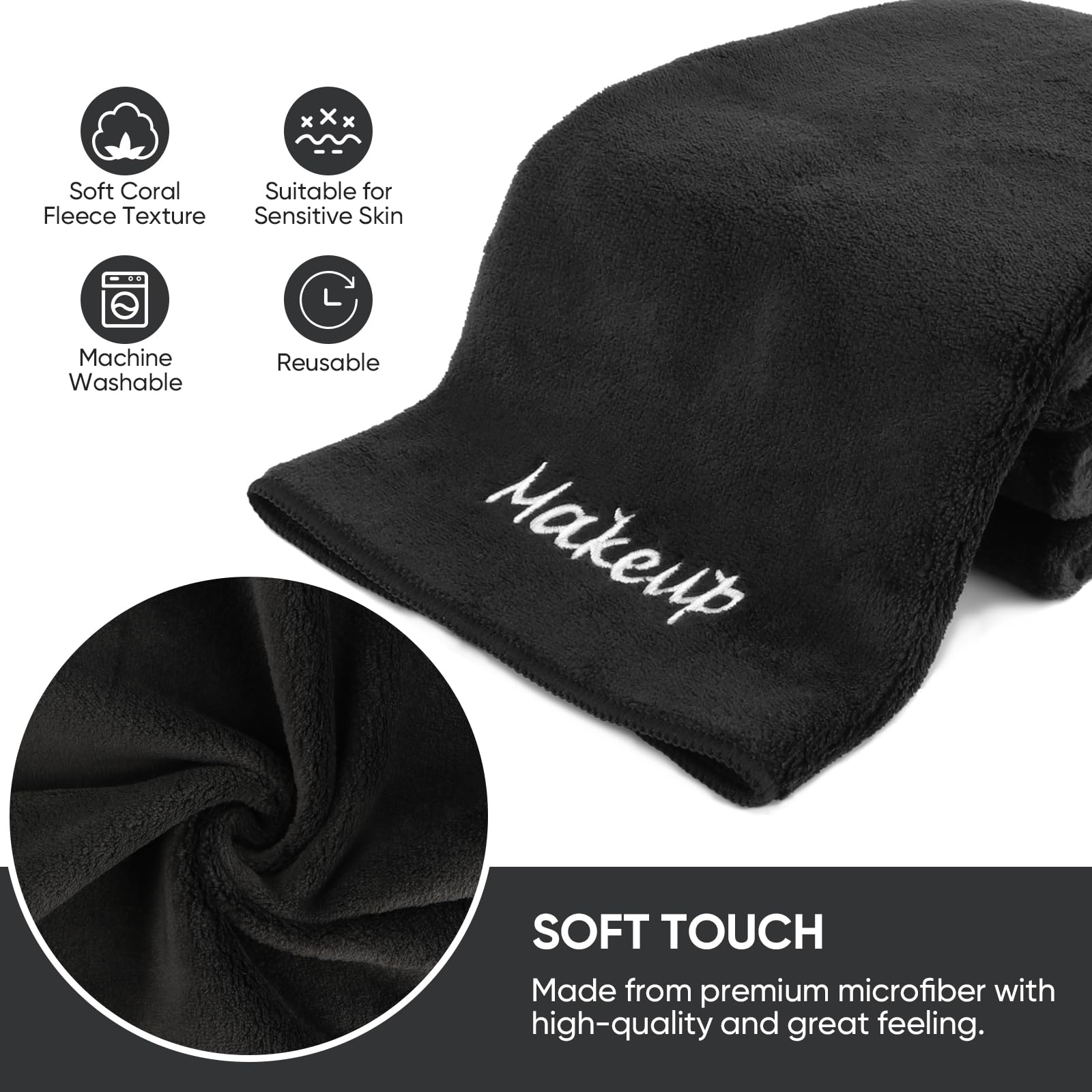 UNIMADE Paños desmaquillantes, paquete de 48 paños faciales negros, toallas faciales de microfibra de forro polar coral suave para cara, manos y baño (13 x 13 pulgadas)