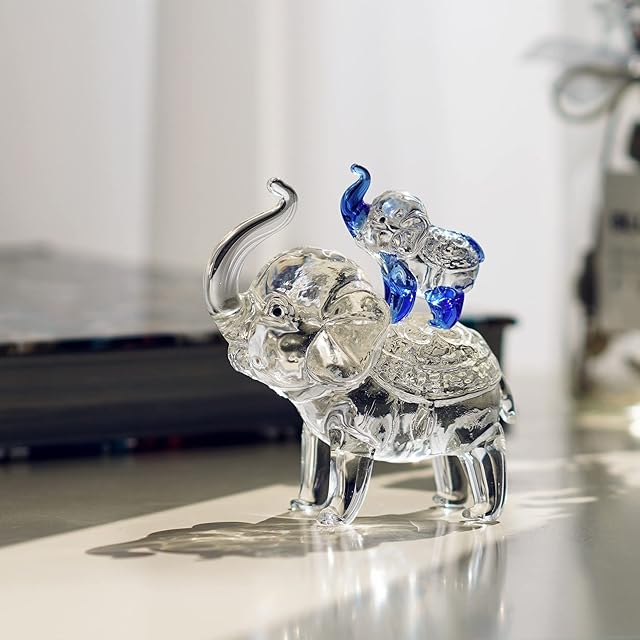 ZEERSHEE Crystal Elephant Figurines Glass Mother Son Elephants with Trunk Up Animal Collectibles Art Glass Ornaments Paperweights for Mum
