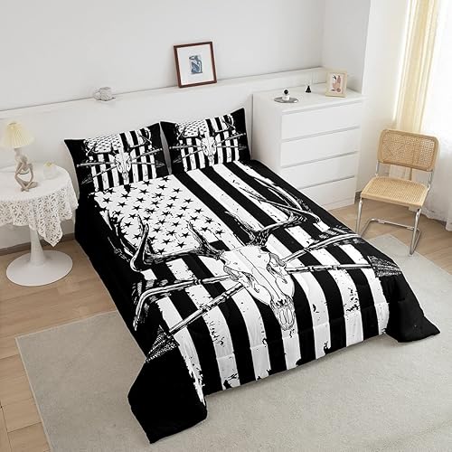 Miniatura 3 de Erosebridal Juego de ropa de cama con la bandera americana, tamaño Queen, diseño de cuernos de ciervos y cuernos de cráneo, diseño bohemio con
