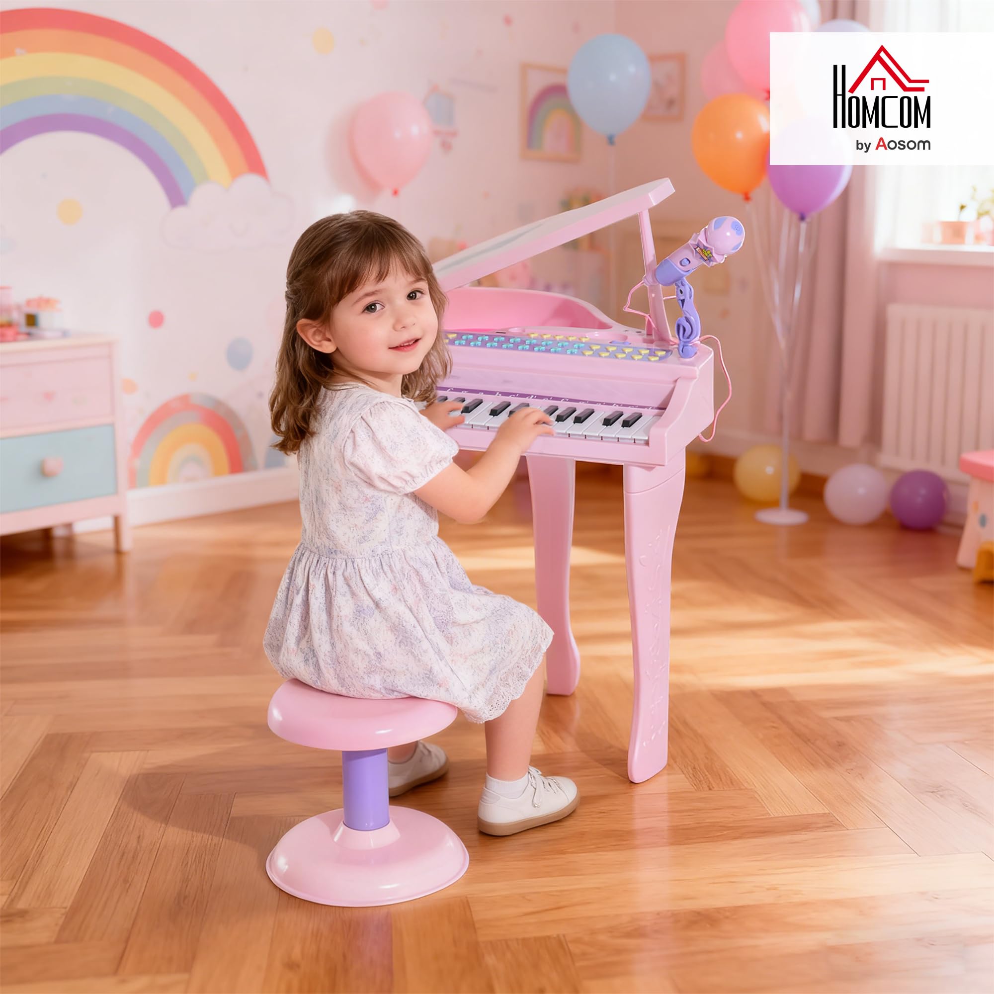 HOMCOM Piano Infantil 37 Teclas Teclado Electrónico Piano para Niños con Micrófono Taburete Luces y 22 Canciones USB/MP3 Karaoke Modo de Enseñanza Rosa