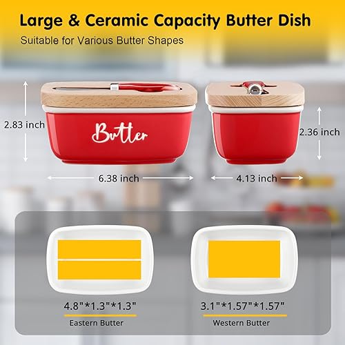 Miniatura 10 de ALELION Mantequillera negra con tapa y cuchillo para encimera, recipiente hermético de cerámica con tapa gruesa de madera de acacia para encimera o