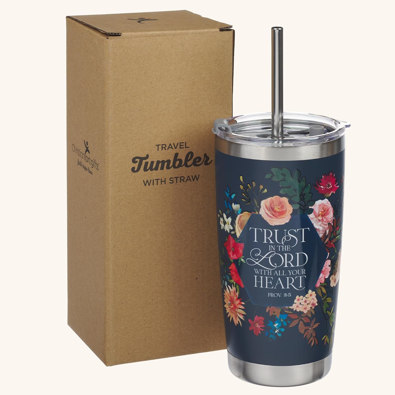 Christian Art Gifts Reusable Stainless Travel Mug Tumbler w/Straw for Women: Trust in the Lord Bible Verse, Double Wall Vacuum Insulated, Pop-up Lid, Hot/Cold, Cute Navy Blue Multicolor Floral, 18 oz.