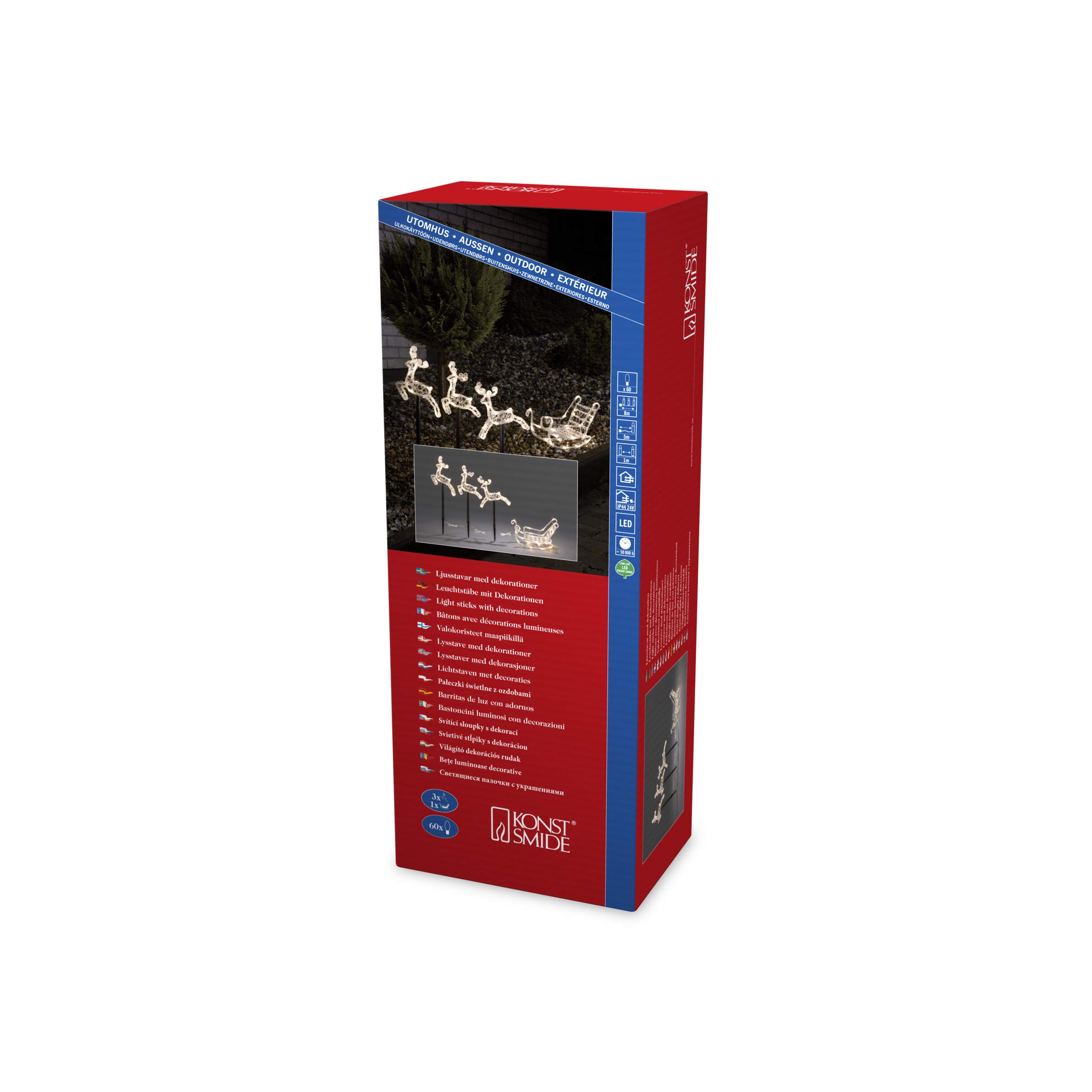 Konstsmide Akrylowe sanki z diodami LED i 3 reniferami, 40 x 25 x 16 cm,60 diod gorącego białego światła, transformator zewnętrzny 24 V, przezroczysty kabel 4447-103