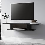 FITUEYES Bois flottants TV Étagère de support pour écran plat 43/50 pouce, 2 Tablettes de console de médias muraux noirs avec rangement pour audio/vidéo, 41.3 de pouce