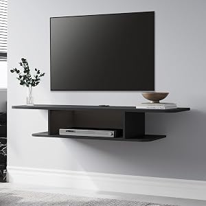 FITUEYES Wood Floating TV Stand Shelf for 43/50 Inch Flat Screen, 2 Tiers Black Wall Mounted Media Console Shelves with Storage for Audio/Video, 41.3 inch