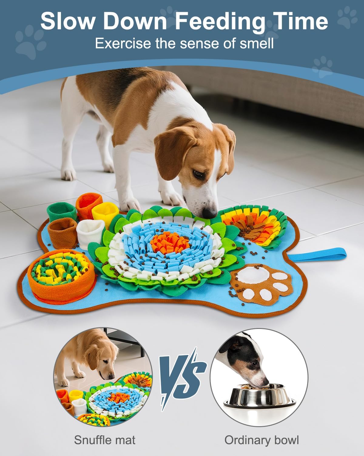 Snuffle Mat for Dogs 25x17in Slow Feeder Squeaker Washable | Snuffle mat for puppies, cats, rabbits. Mental stimulation toy, built-in squeaker, machine washable, blue