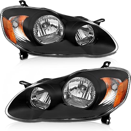 AXLAHA 2003-2008 Corolla Headlights Assembly for 2003-2008 Toyota Corolla Black Housing Amber Reflector Replacement Driver and Passenger Side