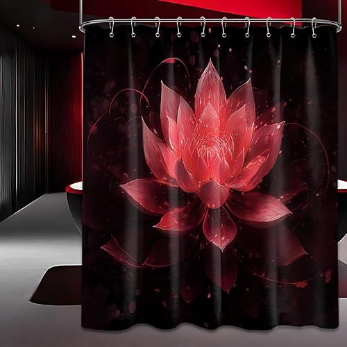 Miniatura 38 de Cortina de ducha negra y dorada con flores de loto amarillo dorado para juegos de decoración de baño, tela impermeable con ganchos, 70 x 72 pulgadas