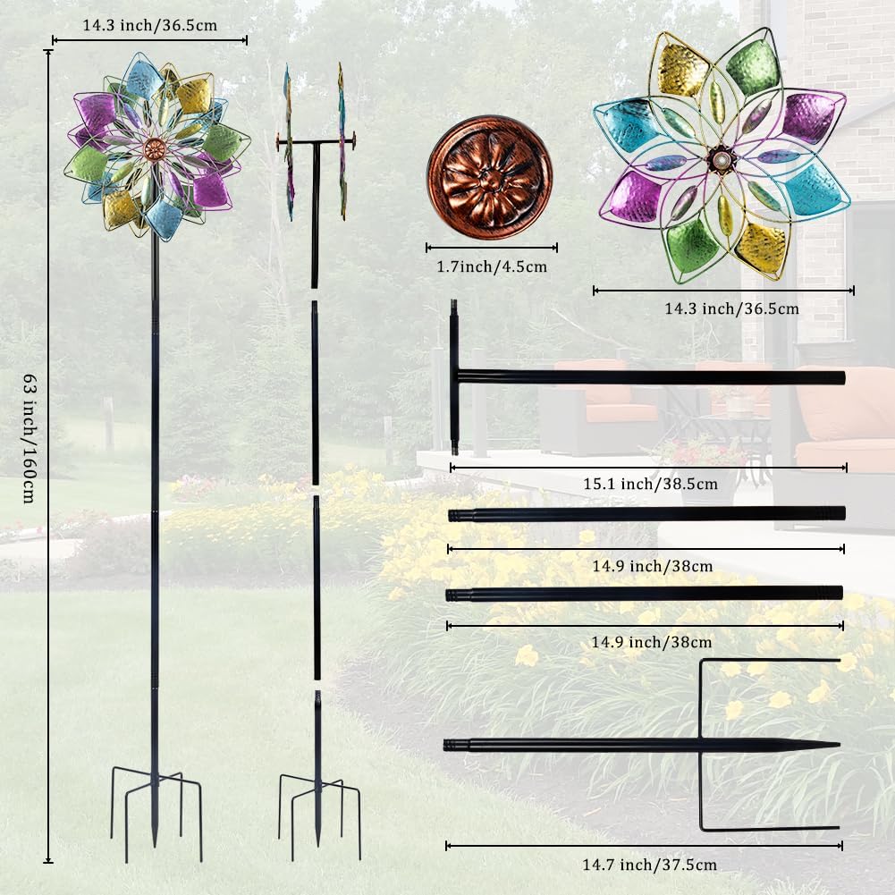 14.3” Wind Spinners Outdoor,Colorful Metal Wind Spinner with Metal Stake Kinetic Pinwheels,Large Wind Spinners for Yard and Garden,Windmill Yard Art Wind Sculptures & Spinners(63”H)