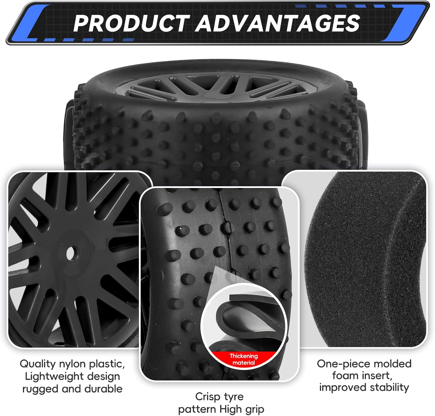 Preglued 12mm Hex Wheel Rims Rubber Tires with Foam Inserts OD 86mm/3.38" for Traxxas Bandit WLtoys 144001 Redcat 1/10 RC Off-Road Buggy Car, Set of 4 (Color A)