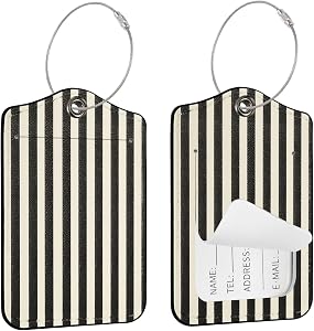 Seorsok 2Pcs Luggage Travel Tags for Suitcases,Cute Black Striped PU Leather Name Tag with Privacy Cover & ID Label Address Card and Durable Metal Ring Suitable for Men Women Handbags Backpack,Brown