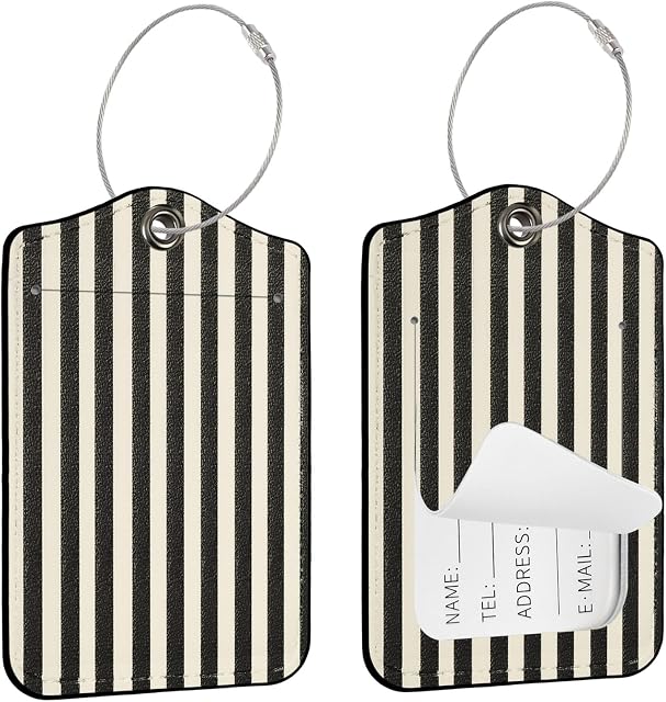 Seorsok 2Pcs Luggage Travel Tags for Suitcases,Cute Black Striped PU Leather Name Tag with Privacy Cover & ID Label Address Card and Durable Metal Ring Suitable for Men Women Handbags Backpack,Brown