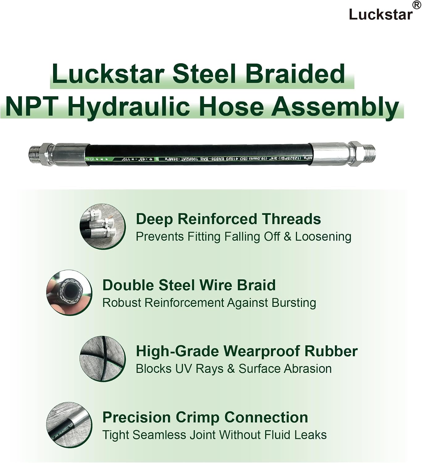 Luckstar 24" Long 3/4" Hydraulic Hose Assembly, 15611-12-12 Male NPT x Male NPT, 2-Wire Braided, SAE 100R2AT / EN853 2SN, 4930 PSI Working Pressure