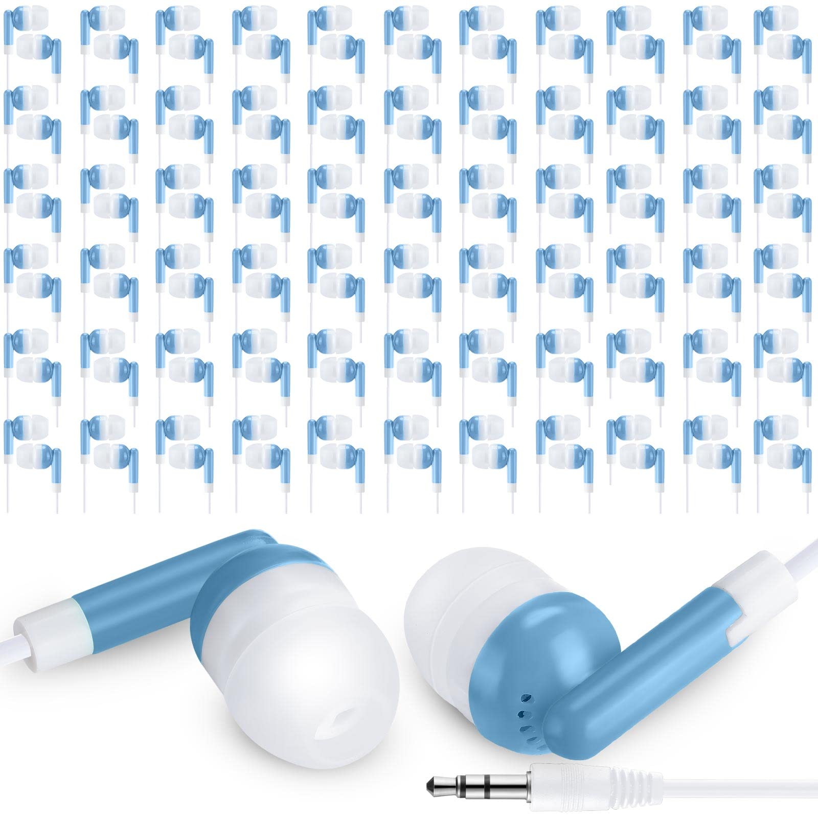 Yunsailing Confezione da 100 auricolari per aula all'ingrosso confezione da 3,5 mm in-ear auricolari con filo per studenti, adulti, scuole, ospedali, hotel, biblioteche, musei, MP3, idea regalo (blu)
