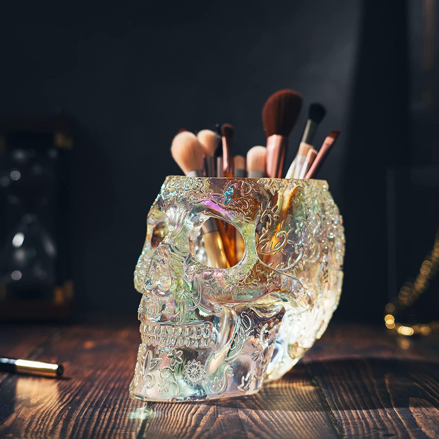 Skull Makeup Brush Holder, Pen Holder, Vanity, Desk, Office Organizer, Stationary, Decor Planter, Candy Bowl, Goth Decorations, Extra Large, Skulls Gothic Skull & Bones Organizer Bathroom (iridescent)