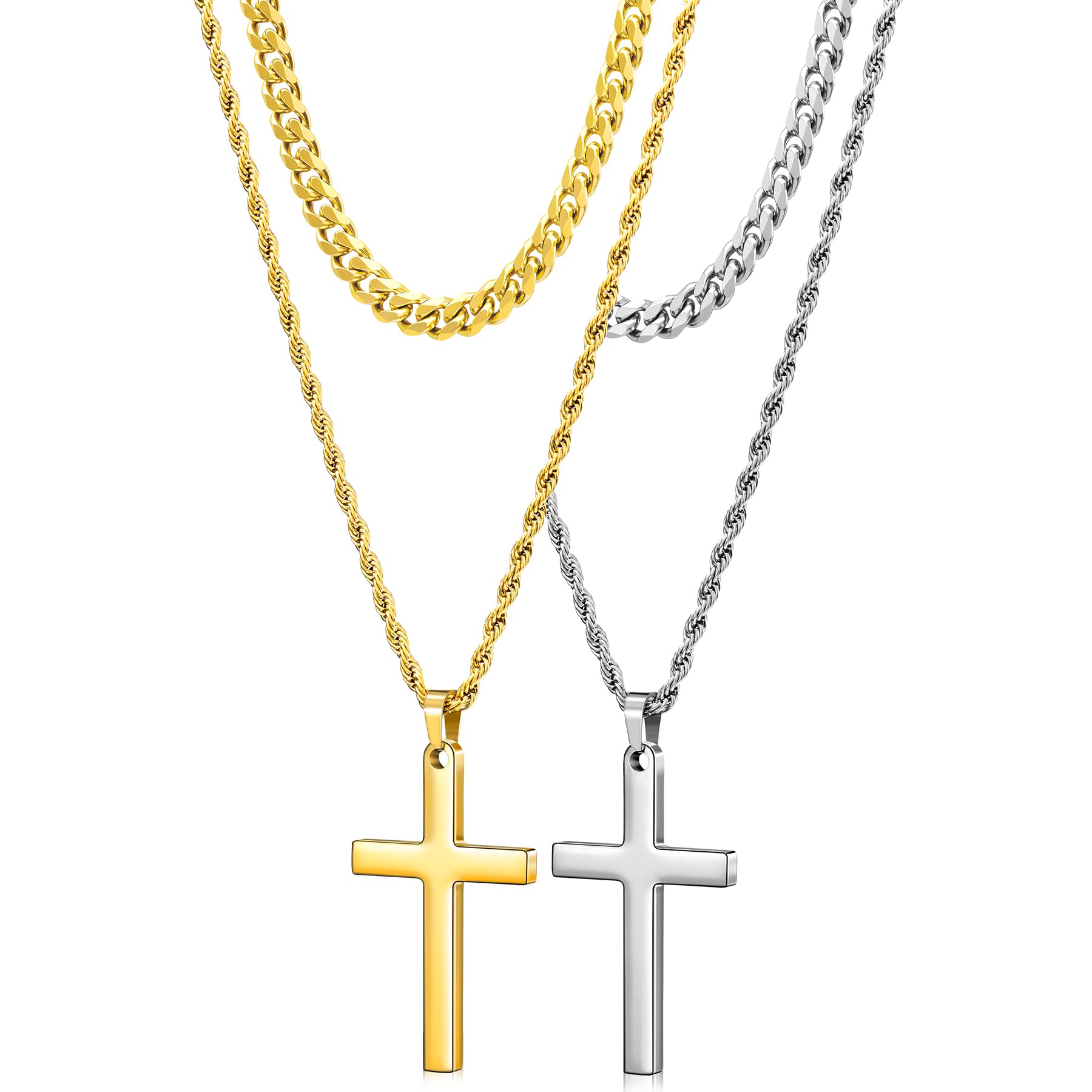 Romass 4Pcs Cross Necklace for Men Teen Boys,Stainless Steel Chains for Men Layered Necklaces Silver Gold Black Pendant Jewelry Box Gifts 18-24 Inches