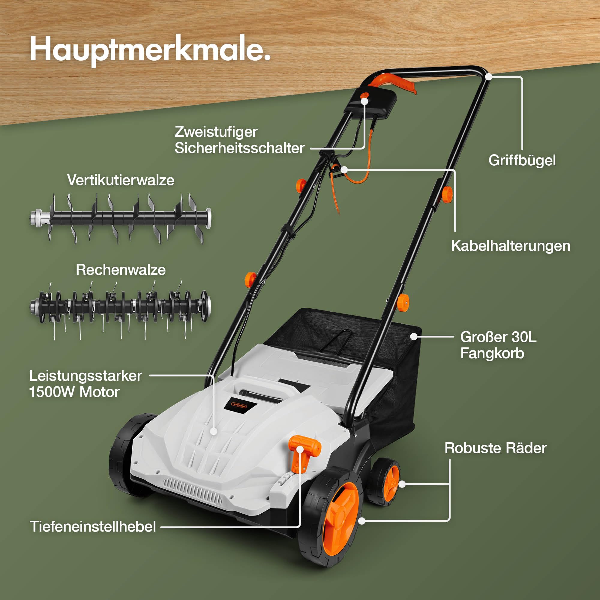 VonHaus Rasen-Vertikutierer/Aerator/Rechen Elektrisch 1500W, Zum Vertikutieren Und Rechen Von Rasen, Entfernt Filz, Moos Und Laub, Belüftet Den Boden, 30L Fangkorb, 4 Schnitthöhen, 32cm Arbeitsbreite