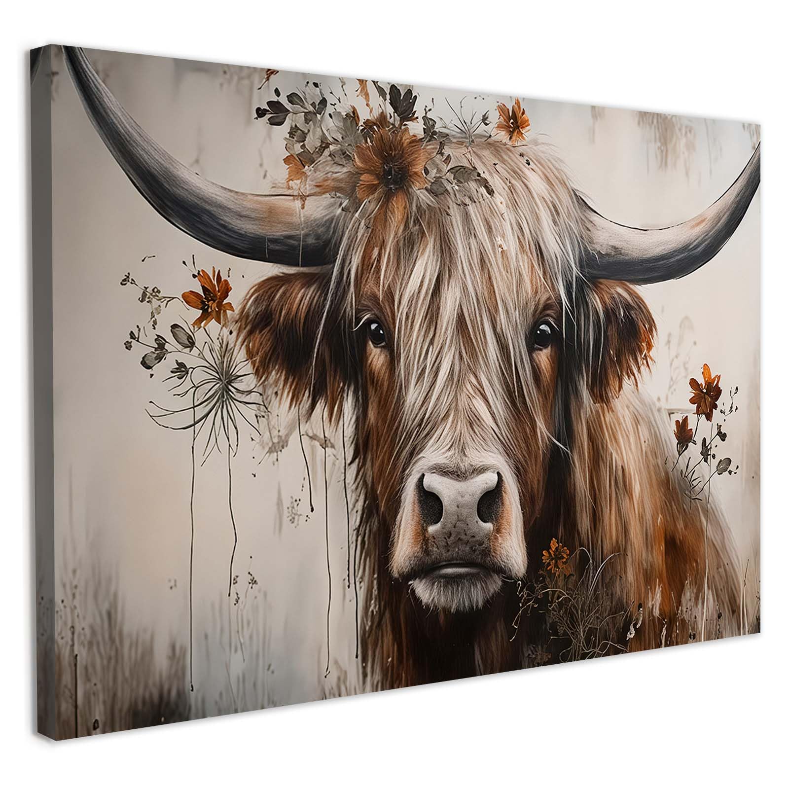 Galmcook Canvas Wall Art 12x16 Inch Framed Highland Cow Painting with Flowers Modern Animal Artwork Wall Decoration for Living Room Bedroom Hallway and Stairs Wall Pictures with Hooks and Magic Tape — image 1