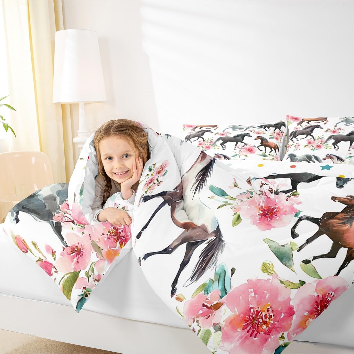 Feelyou Girls Horse Comforter Set for Girls Boys Rose Floral Galloping Horses Comforter Pink Floral Cute Horse Bedding Set Galloping Horse Duvet Set Queen Size Quilt 3Pcs Boys