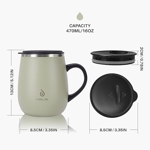 Miniatura 5 de Ideus 16 oz (470 ml) Taza de café aislada con asa y tapa, taza de café térmica de acero inoxidable de doble pared con aislamiento al vacío, taza de