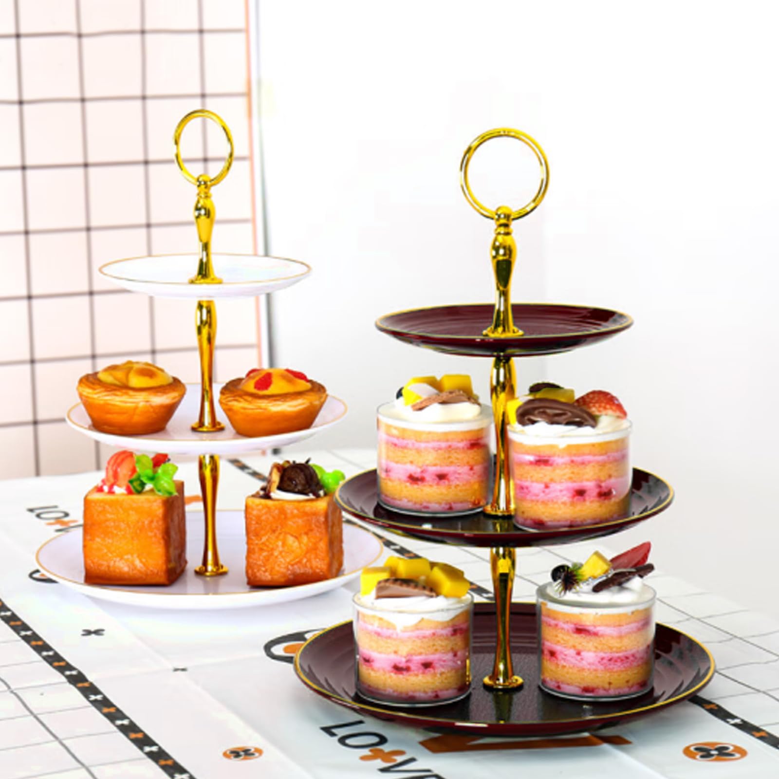 présentoirs à gâteaux à 3 étages pour Cupcakes, Assiettes à Dessert, gâteaux, Fruits, Biscuits, Bonbons, Plateau de Service à étages, Plateau de Service à étages pour Noël, Mariage（Rouge）