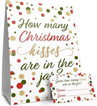 DISTINCTIVS Christmas How Many Kisses Game, Sign and 30 Guessing Cards | 5" x 7" Freestanding Sign, 30 Guessing Cards, 2" x 3.5", Red and Green Holiday Hosting Icebreaker