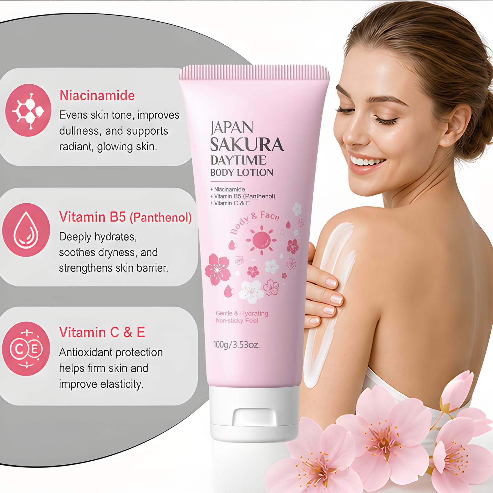 Giapponese Fiori di Ciliegio (Sakura) Illuminante Corpo Lozione - Rassodante e Anti-invecchiamento Idratante Quotidiano, Donne Pelle Secca Serraggio Profumato Idratante Crema (5 pezzi)
