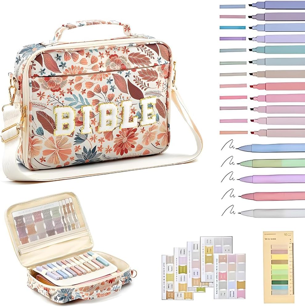  Bible Bag Cover Case for Women Bible Carrying Bag with Handles Bible Study Supplies & Accessories Christian Gifts for Women (Flower)