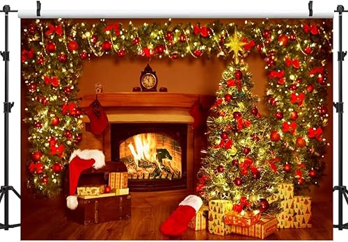 Miniatura 9 de Lofaris Telón de fondo de chimenea de Navidad de 9 x 6 pies, diseño vintage, medias de árbol de Navidad, fuego brillante, fotografía, fondo,