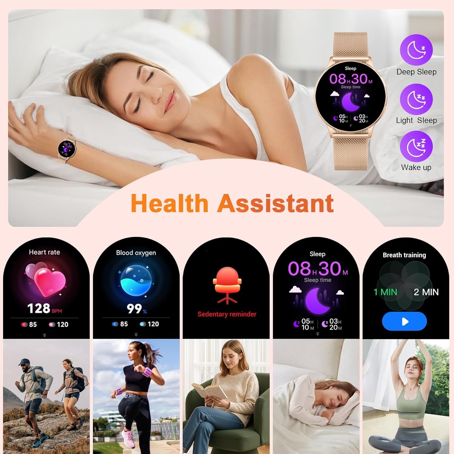 Montre Connectée Femme avec Appel Bluetooth, 1.32" Smartwatch avec Fréquence Cardiaque/SpO2/Sommeil Montre, 120+ Mode Sportifs Montre, IP68 étanche Fitness Podomètre Compatible pour Android iOS