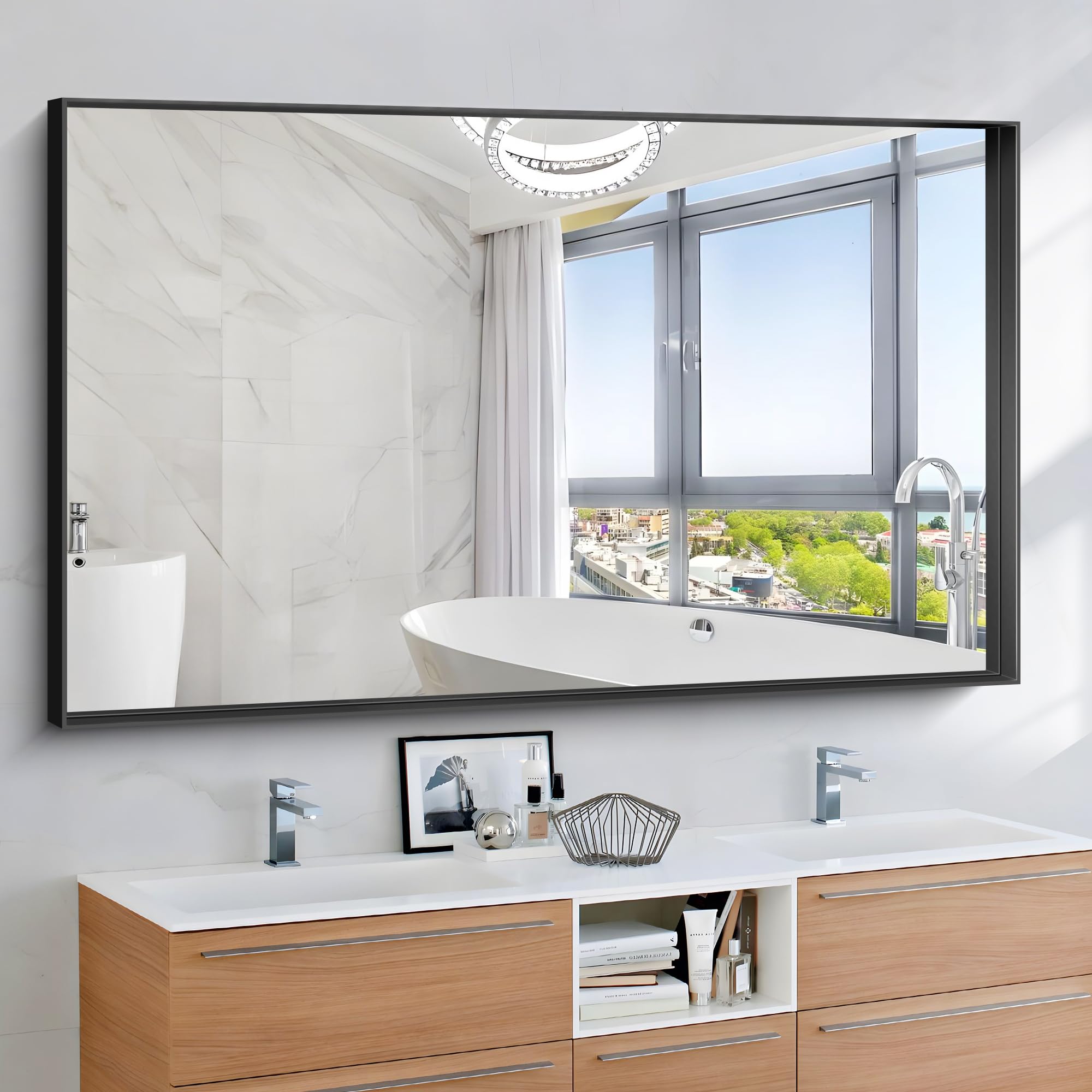 60 x 36 Inch Black Bathroom Vanity Mirror, Matte Black Wall Mirror with Metal Frame, Decorative Rectangular Vanity Mirror for Bedroom Bathroom Living Room Entryway (Horizontal/Vertical)