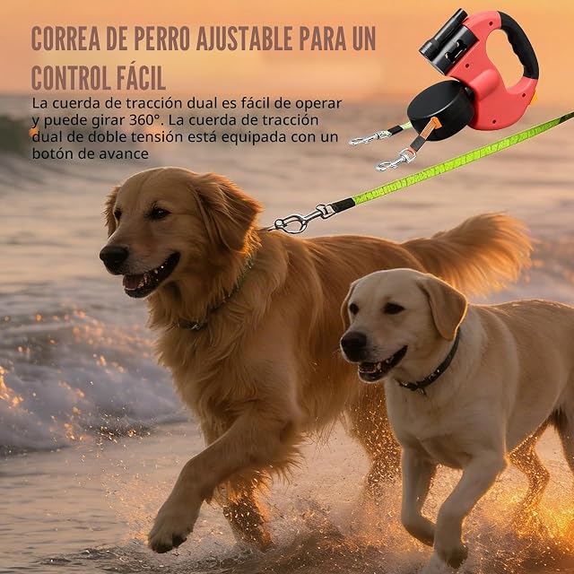 Foto 6 de 7 de BAIFULAI Correa retráctil para 2 perros, correa doble de 3 m para 2 perros con luz, mango antideslizante