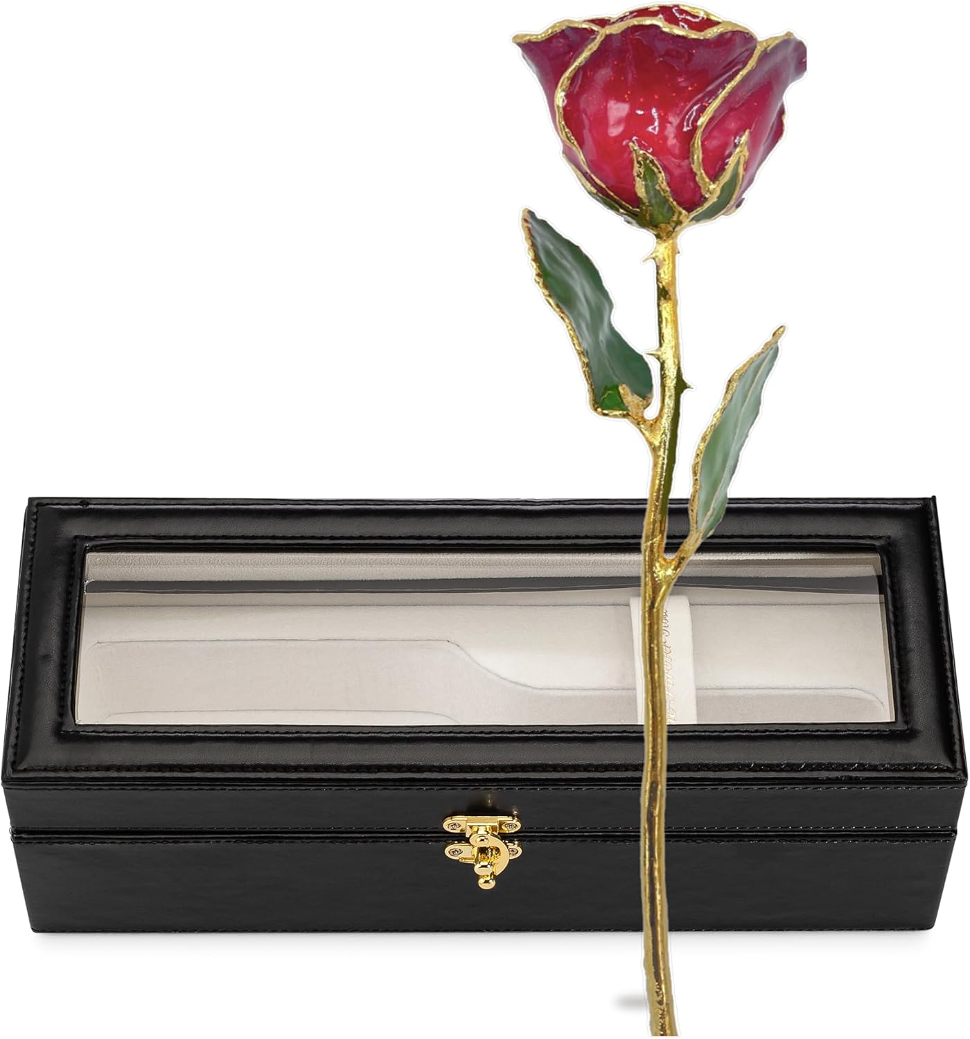 Forever Rose Hand-Dipped in 24K Gold, Ruby Red-Inspired July Birthstone with Sparkles, Real Rose in Leather Case with LED Light – Perfect Ready to Gift for July Birthday or Any Occasion