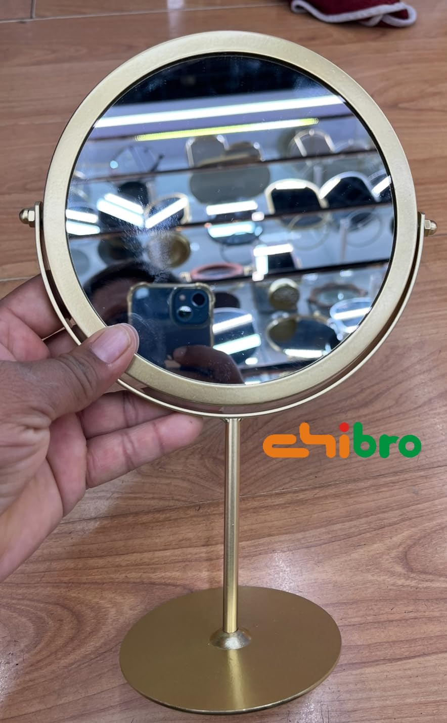 CHIBRO One-Sided Metal Tabletop Makeup Mirror | 360° Rotating Round Mirror with Stable Base | Dressing Table Vanity Mirror for Women (Golden) 4