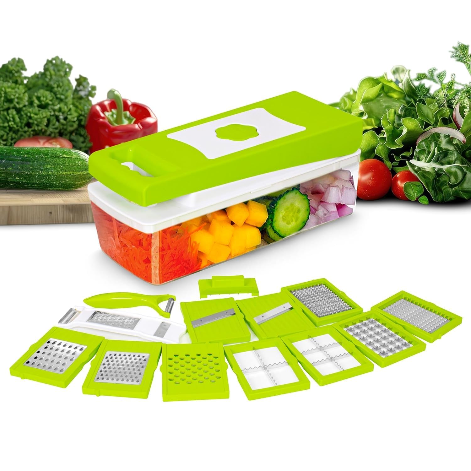 Store 15 in 1 Multipurpose Chopper, Fruits & Vegetable Cutters, Grater Peeler Chipser, Unbreakable Food Grade Body, Easy Push to Clean Button Slicer Dicer, Chopper for Kitchen-picture-15