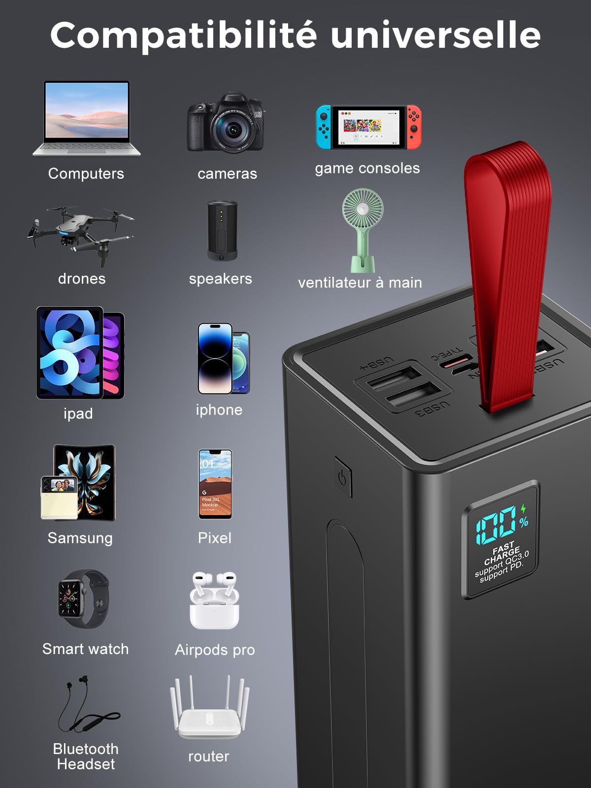 Batterie Externe 90000mAh, Power Bank PD 30W & QC 3.0 Charge Rapide avec écran numérique, Chargeur Portable Grande capacité 5 Sorties et 2 entrées, Batterie Externe iphone pour iPhone