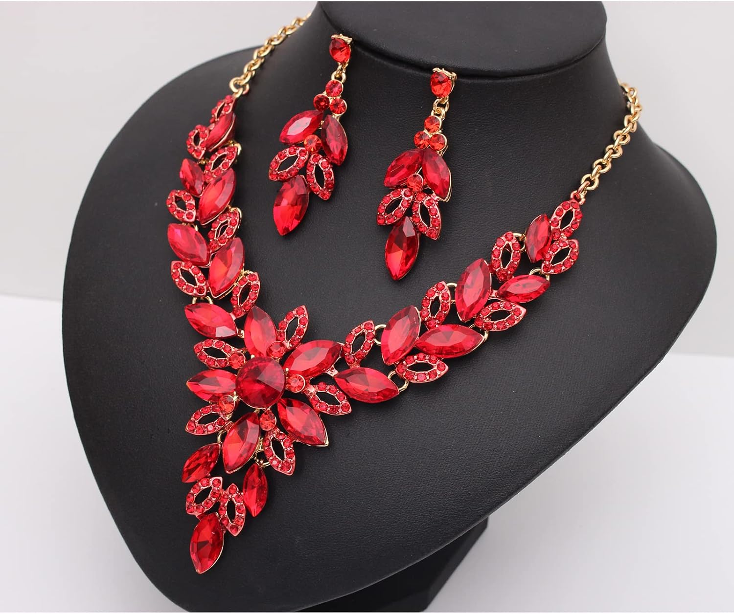 Jewelry Set for Women, Statement Necklace Dangle Earrings Link Bracelet Ring, White/KC Gold Plated Jewelry Set with Rhinestone Crystal Wedding Party Jewelry for Bridal Bridesmaid