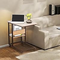 Vista 3 de JJS Mesa lateral C con soporte para revistas para sofá, sala de estar, mesa de aperitivos que se desliza debajo para espacios pequeños, cemento/negro