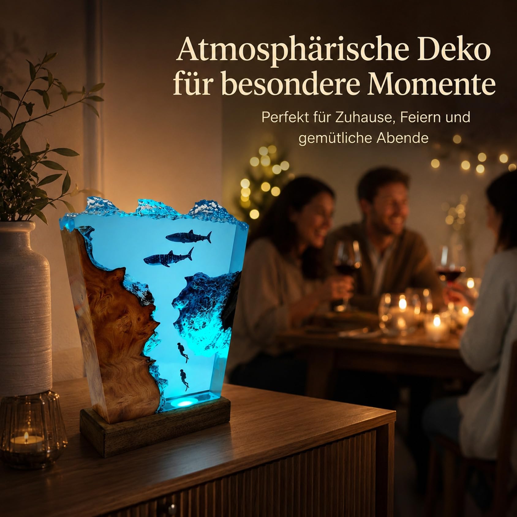 Drawelry 3D Meer Wal Hai Harz Nachtlichter Unterwasser Ornamente (E3) | Holzsockel, USB-Kabel, Ozean Szene, Epoxidharz Lampe,Heim Büro Deko,Weihnachten Geburtstag Geschenke