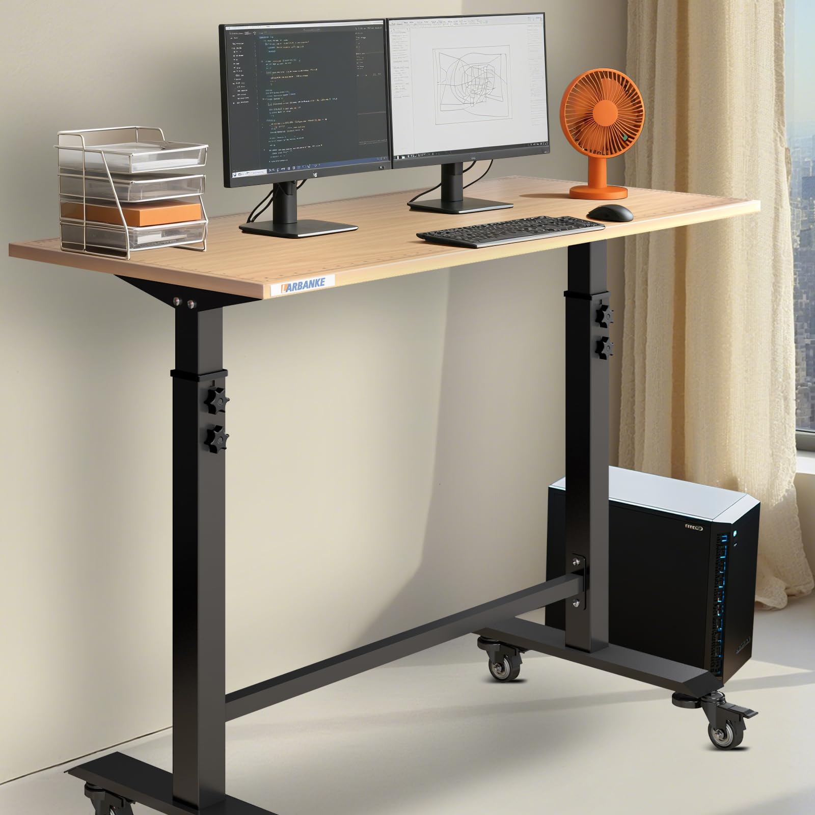 LARBANKE Établi réglable en hauteur (110 cm) avec échelle de précision, table de travail mobile, avec 4 roulettes universelles silencieuses et pieds, réglable sur 6 niveaux (81-106 cm), pour garage et