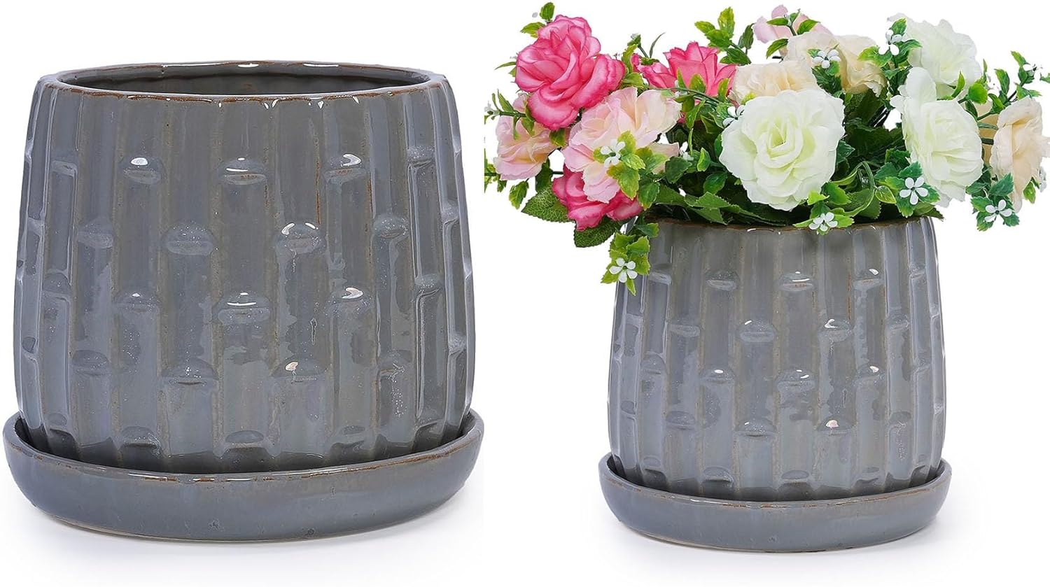 Decorative Ceramic Planter Set of 2, 6" & 8" Diameter, Modern Flower Pots for Indoor Plants, w/Drainage and Saucer, Ceramic Pots for Garden & Home Decor, Gray